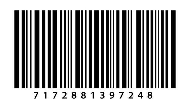 Vector barcode icon with black lines, numbers, and a blue scan dot for product identification and retail price tracking, isolated on transparent background.