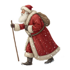 Santa Claus walks through a snowy landscape carrying a large sack filled with gifts, spreading holiday cheer and joy to children, dressed in a traditional red suit with fur trim during winter  red, su