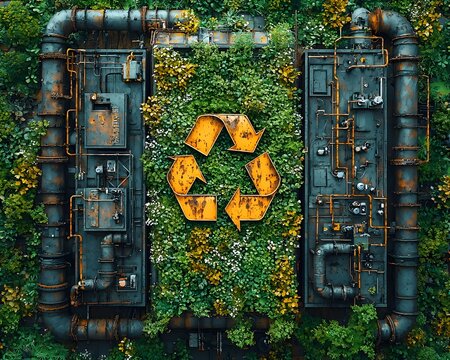 A rusted yellow recycling symbol is integrated into a vertical wall of lush green plants and weathered industrial pipes