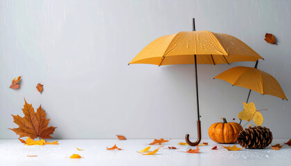 Two yellow umbrellas with pumpkins and autumn leaves on a white background with rain effects