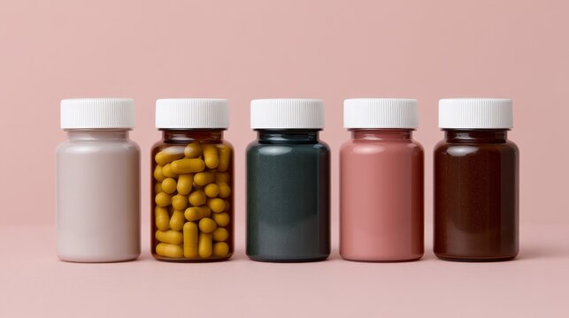 Five jars of pills and powders in varying colors against a soft pink background.