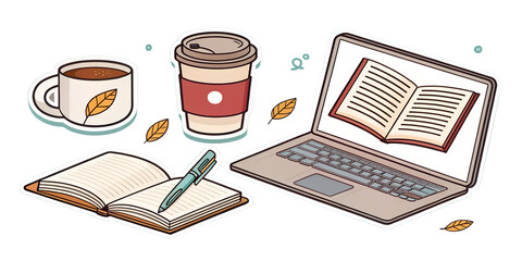 Cozy workspace with coffee, tea, and laptop, ideal for reading or studying on a fall day cozy, book, leaves, home, office, beverage, pen, academic, casual, inspiration, warm, colors, fall, vibe, produ