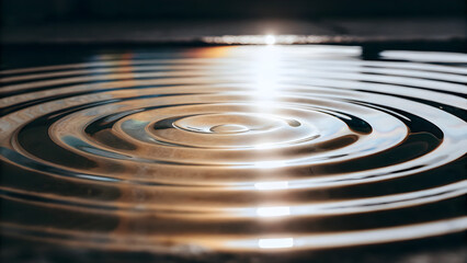 Close-up of concentric ripples on a metallic surface reflecting light