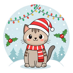 Festive kitty wearing a striped hat and scarf sits in a snowy landscape surrounded by holly and holiday lights animal, paws, evergreen, lights, holly, cheerful, snowfall, season, playful, cozy, charac
