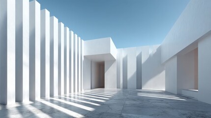 Fototapeta premium Modern Minimalist Architecture with White Walls and Natural Light Casting Shadows in a Geometric Design