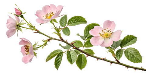 Delicate pink flowers bloom on a thorny branch under natural light in a garden setting during springtime , light, serenity, beauty, green, leaves, delicate, floral, horticulture, nature, blossoms, pla