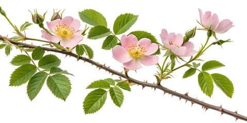 Delicate pink blossoms of wild roses bloom on a thorny branch against a white backdrop, showcasing nature's elegance during springtime blossom, botany, sunlight, outdoor, season, arrangement, plants, 