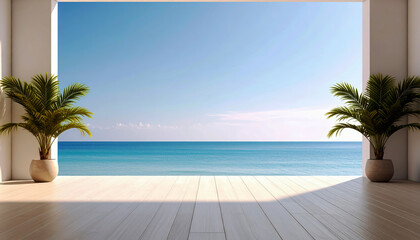 Sunny Interior Space with Potted Palm Trees and Ocean View
