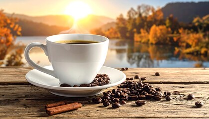 A steaming cup of coffee sits on a rustic wooden table, overlooking a serene autumnal lake scene, filled with warm tones and a sense of peaceful contemplation.