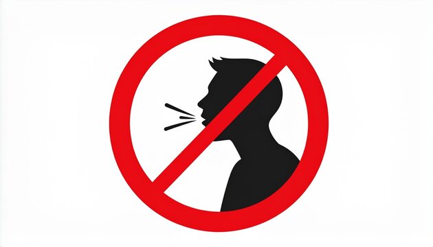 A minimalist prohibition sign featuring a black silhouette of a person's profile in the act of spitting. A bold red circle and diagonal line cross through the image, indicating that spitting is prohib