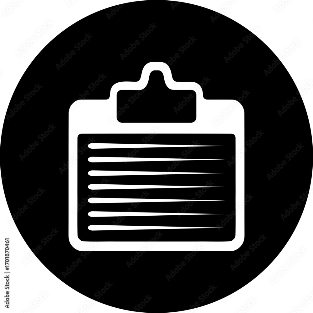 Poster a black circle containing a white/transparent clipboard icon with horizontal lines representing docu