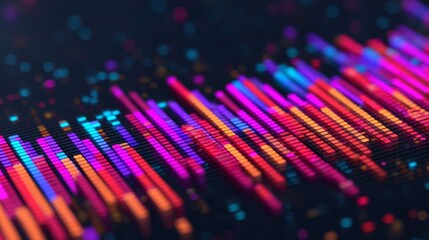 A vibrant visual representation of sound waves, showcasing colorful bars in various lengths and hues against a dark background.