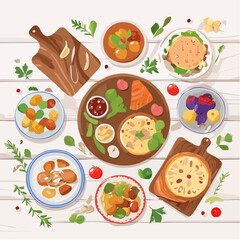 Overhead View of Diverse Cuisine Dishes on White Wooden Table