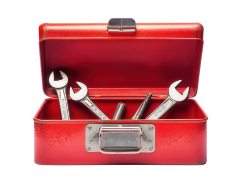 Open red toolbox with wrenches and other tools isolated on transparent background