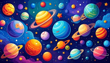 Colorful planets and stars create a vibrant cosmic design against a dark space background.