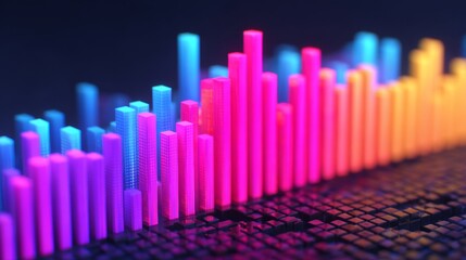 A vibrant abstract representation of data visualization with colorful bars and a digital grid background.