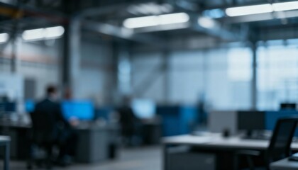 Obraz premium Blurred View of Contemporary Office Space with Desks, Computers, and Employees in Modern Environment