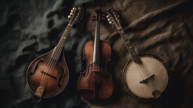 Acoustic Stringed Instruments Composition: Mandolin, Violin and Banjo, Representing Musical Heritage and Traditional Folk Sound