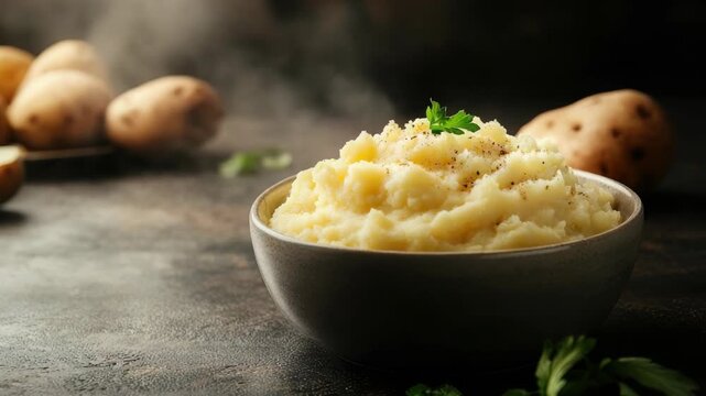 Steaming mashed potatoes in bowl with garnish