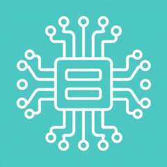 White line art microchip on teal background. Simple, clean design.
