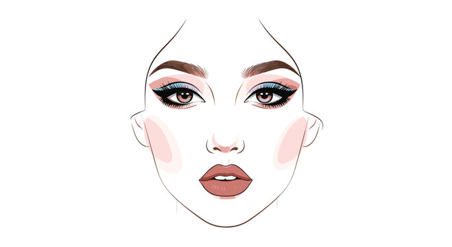 Elegant makeup face chart featuring expertly applied eyeshadow blush and lipstick perfect for beauty tutorials and professional design, Generative AI.