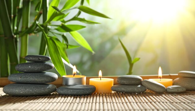 Calm scene with stones, candles, and bamboo - Powered by Adobe