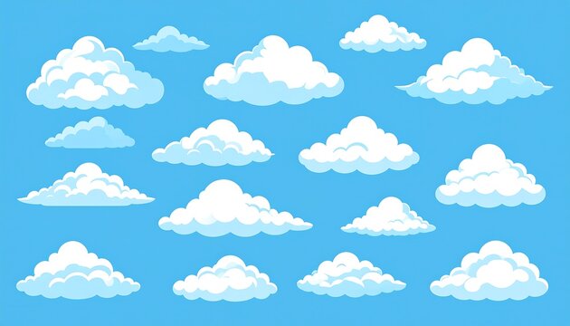 Collection of various cartoon clouds against a vibrant blue sky.