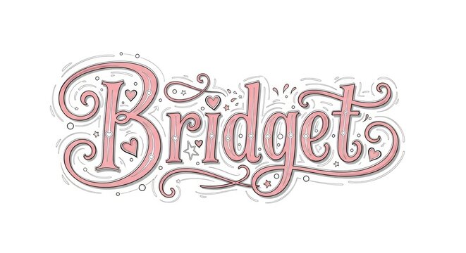 Bridget is displayed in pink lettering with ornate swirls and embellishments against a white background