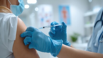 Fototapeta premium Vaccination Administration: Medical Professional Administering Vaccine Injection to Patient in Clinical Setting for Preventative Healthcare