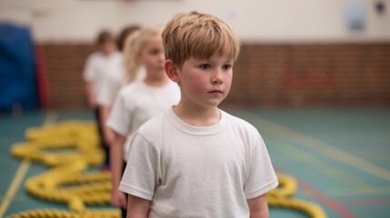 A young boy stands in a gym, looking serious, as children line up behind him, suggesting focus and teamwork in a physical activity setting.