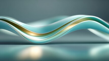 Obraz premium Abstract 3D rendering of a flowing teal wave with gold accents on a neutral background.