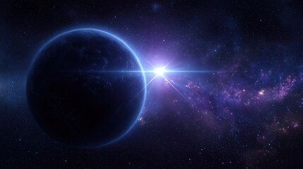 Fototapeta premium Majestic Planet View in Deep Space with Glowing Nebula and Stellar Illumination