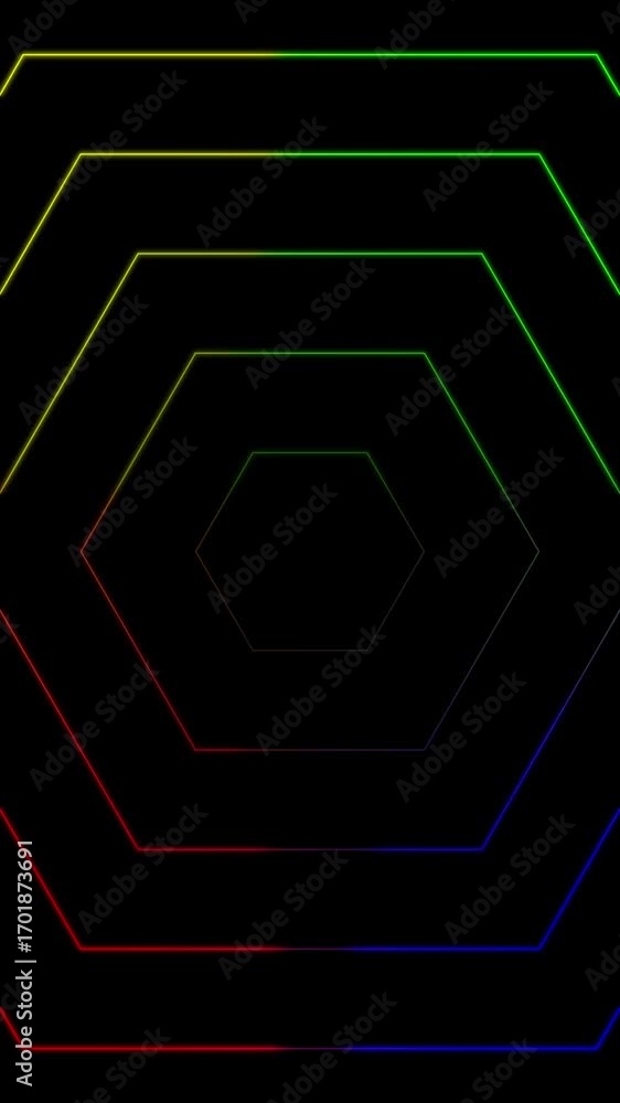 Poster captivating geometric luminous pattern of concentric hexagons, showcasing a vibrant spectral gradien