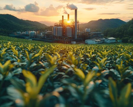 A sprawling industrial plant emits smoke against a golden sunset over a lush agricultural field