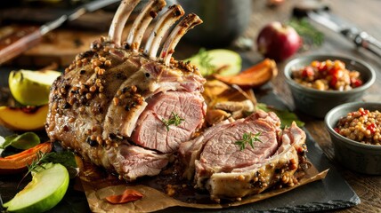 Cider brined pork rack with peppercorn crust and frenched bones, sliced medium-rare on rustic slate with fresh apple garnish and gourmet mustard condiments