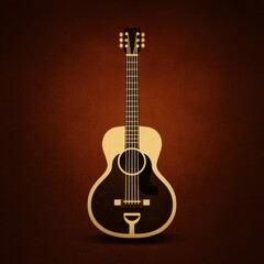 A stylized acoustic guitar is presented against a dark red textured background, creating a vintage aesthetic.