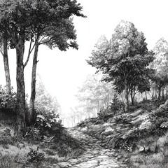 Journey into Nature: A grayscale image of a serene forest path beckons viewers to explore.