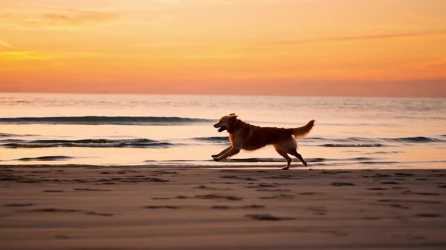 A dog happily running along a sandy beach at sunset, bathed in warm, peaceful light and a tranquil seaside atmosphere.