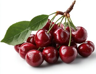 Bright red cherries with green leaves on a clean white background