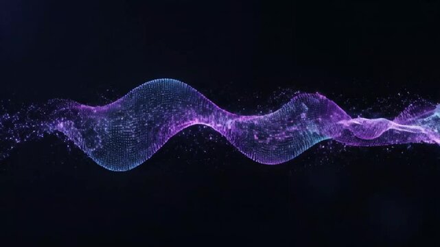 A violet and cyan mesh wave glides smoothly through a dark digital space, with scattered glowing particles, creating an abstract visualization of motion and sound frequencies.