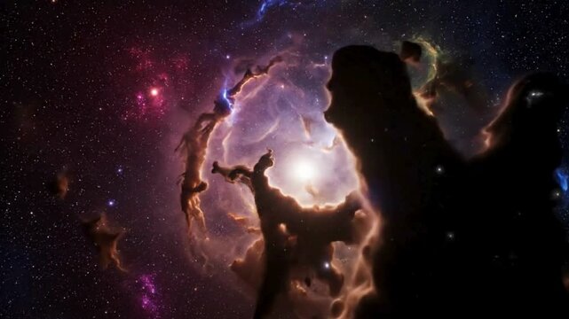 Aerial view of a vibrant stellar nursery with glowing ionized gases and cosmic dust clouds in 4K

