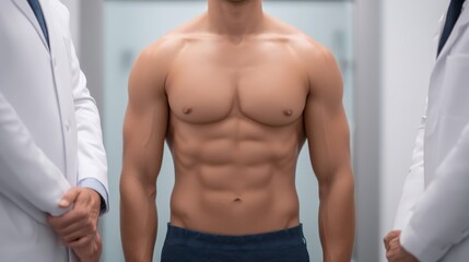 A well-defined man stands between two medical professionals, showcasing his muscular physique in a clinical setting.