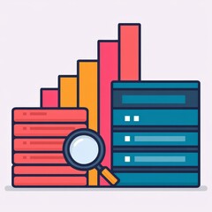 A colorful graphic depicting data analysis with bars, stacks, and a magnifying glass, representing growth and research in a modern style.