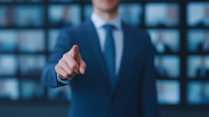 A businessman in a suit points directly at the viewer, with blurred screens in the background displaying multiple people.