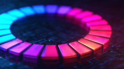 A vibrant circular graphic with alternating blue and pink sections, set against a dark, high-tech background, suggesting innovation and modern technology.