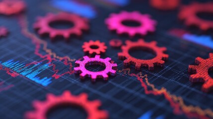 A vibrant close-up of interlocking gears against a digital graph background, symbolizing technology and engineering dynamics.