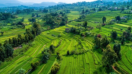 Aerial view rice field terraces in Bandung West Java Indonesia Agricultural landscape illustration