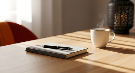 Steaming coffee mug, notebook, and pen on sunlit wooden table. Cozy morning work or study setup.