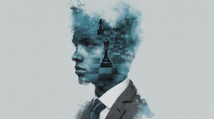 A surreal portrait blending a man's profile with a chessboard, symbolizing strategy and intellect through artistic visualization.