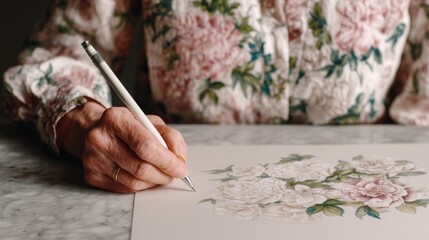 A hand elegantly sketches floral designs on paper, showcasing artistry and creativity against a textured marble surface.